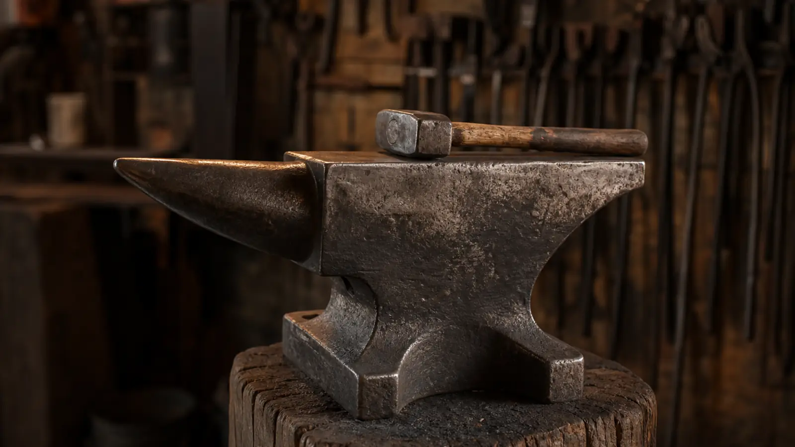 Well-worn London-pattern anvil in warm workshop light