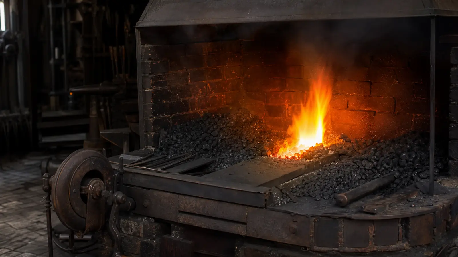 Glowing coal fire in a traditional blacksmith side-blast forge