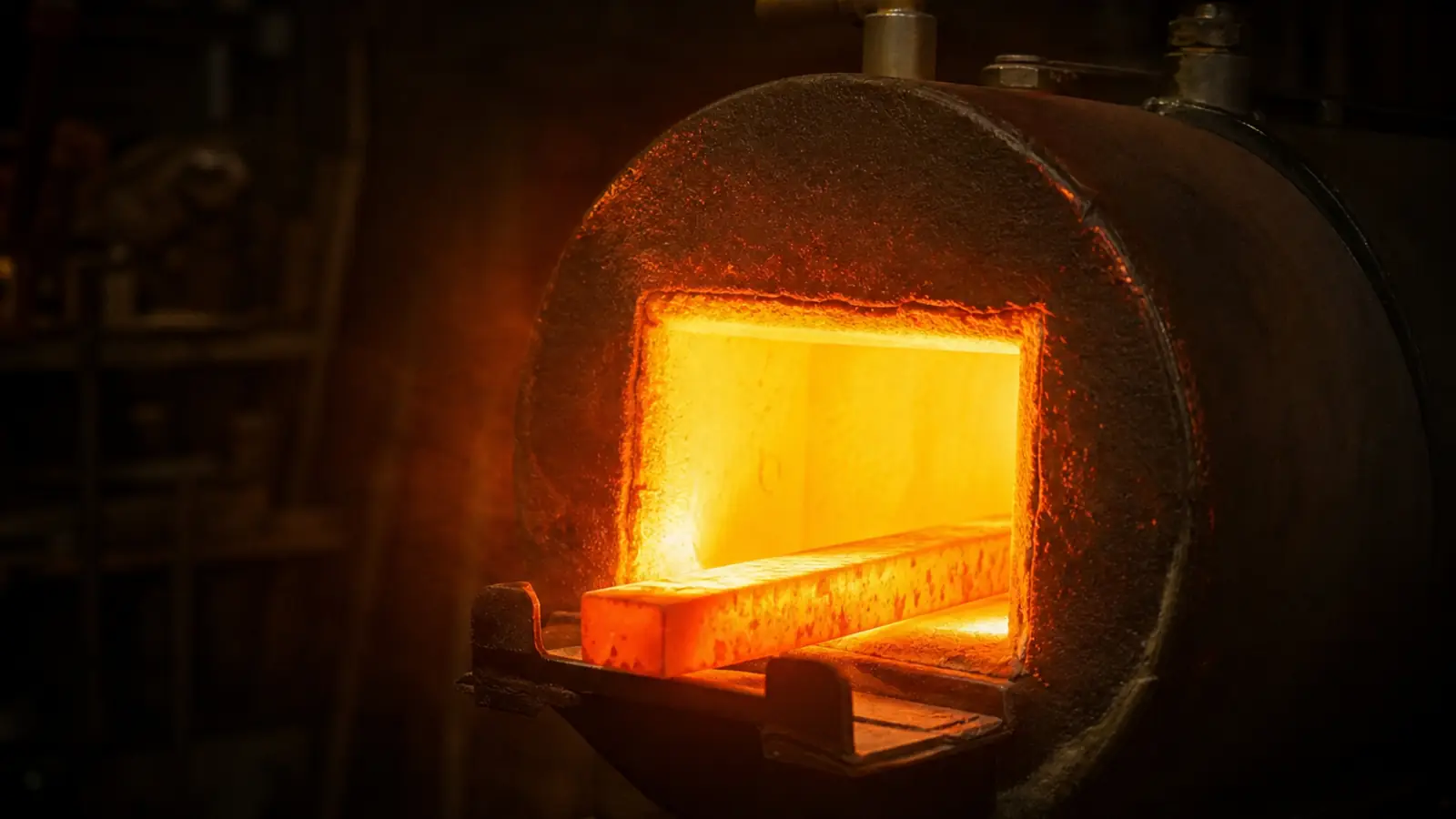 Interior of a propane forge glowing bright orange at working heat