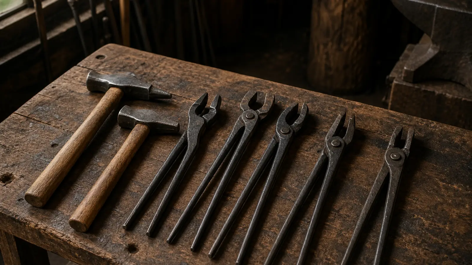 Blacksmith hammers and tongs laid out on a scarred wooden bench