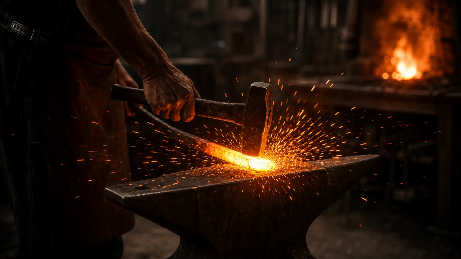 Blacksmith striking glowing steel on an anvil, sparks flying
