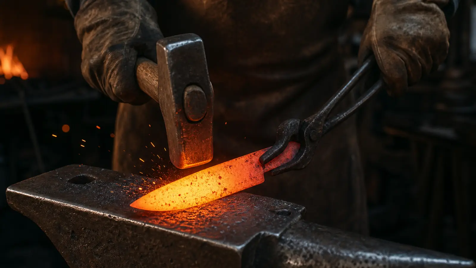 Bladesmith forging a glowing knife blank on an anvil