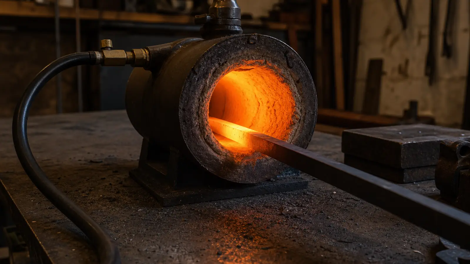 Compact propane forge at working temperature on a steel bench