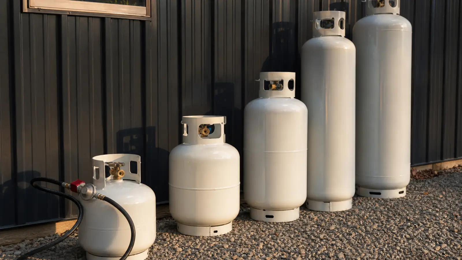 Row of propane cylinders of different sizes outside a workshop