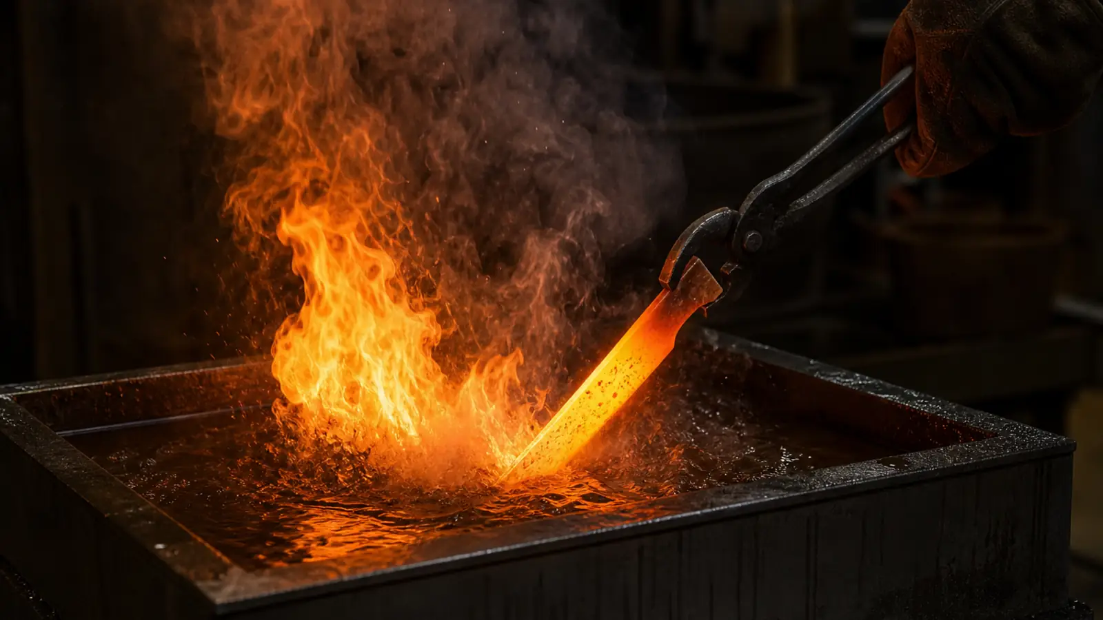 Glowing blade being quenched in oil with a burst of flame