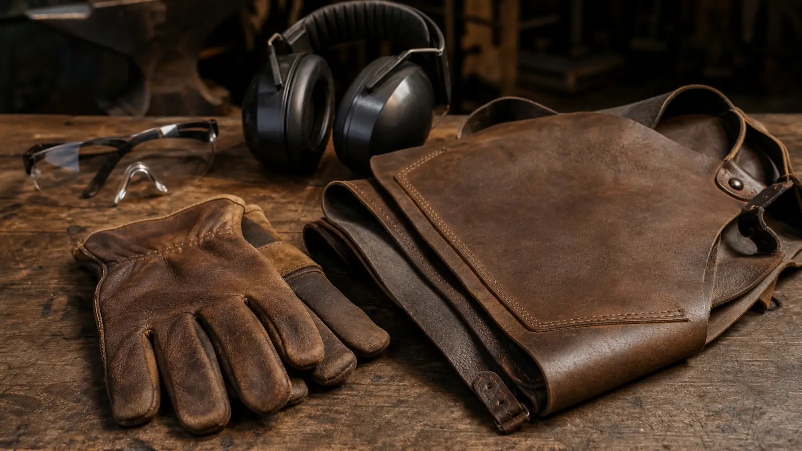 Leather blacksmith gloves, apron and safety glasses on a bench