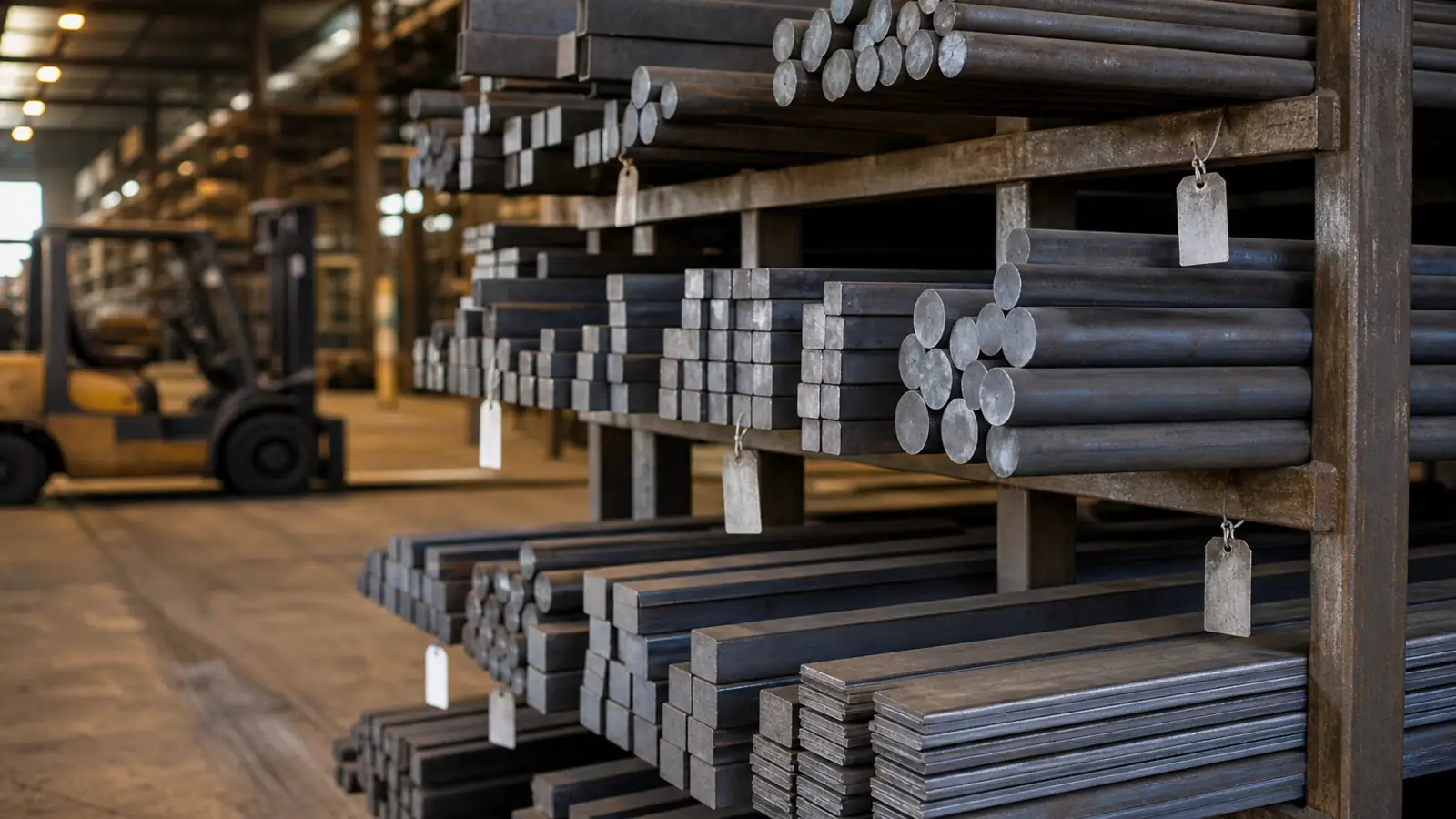 Racks of steel bar stock in a metal supplier warehouse