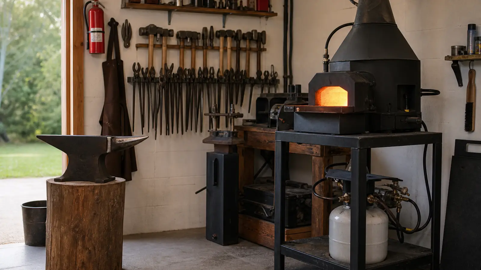 Beginner blacksmith shop with anvil, forge and tool rack